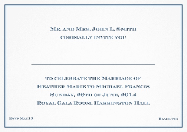 Classic invitation card with thin double frame and classic font - available in different colors. Navy.