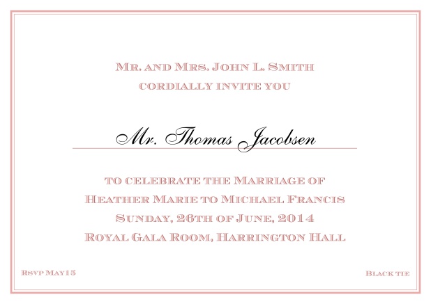 Online Classic invitation card with thin double frame and classic font - available in different colors. Pink.