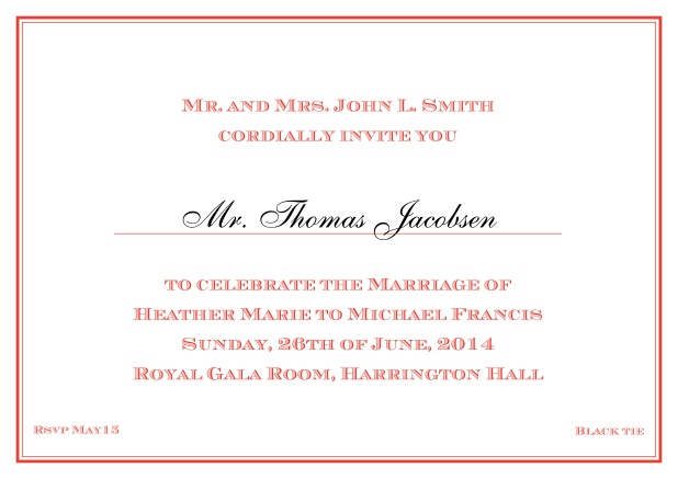 Online Classic invitation card with thin double frame and classic font - available in different colors. Red.