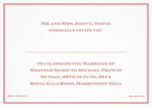 Classic invitation card with thin double frame and classic font - available in different colors. Red.
