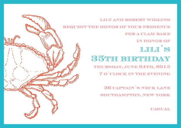 Online Einladungskarte mit blauem Rahmen und roter Krabbe.