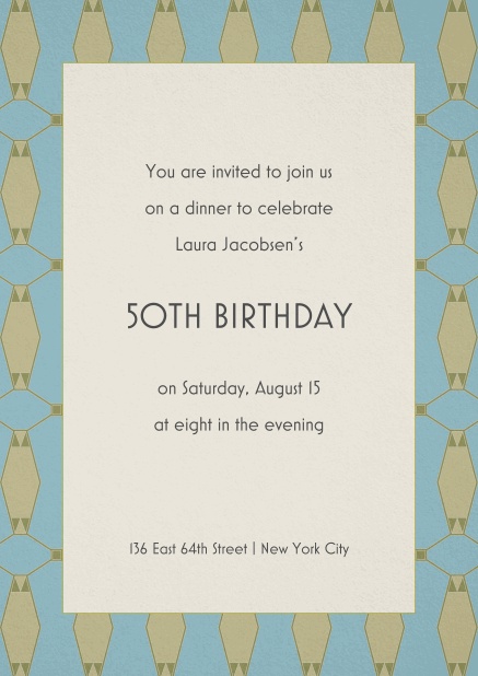 Invitation for 50th birthday with patterned frame and text in the middle.