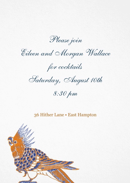 Invitation with colorful bird on bottom.