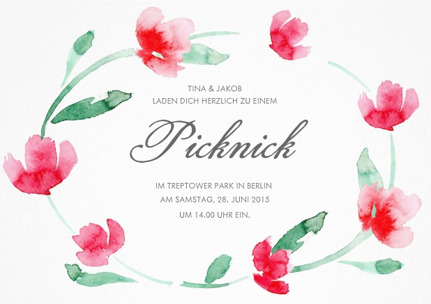 Einladungskarte mit Blumenkranz und veränderbarem Text.