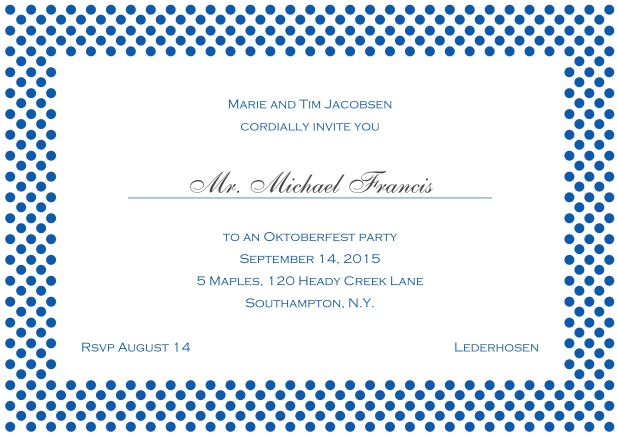 Classic online landscape invitation card with small poka dotted frame and editable text. Blue.