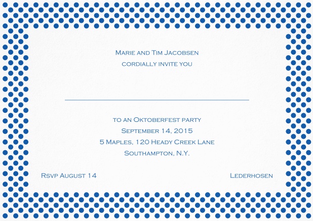 Classic landscape invitation card with small poka dotted frame and editable text. Blue.