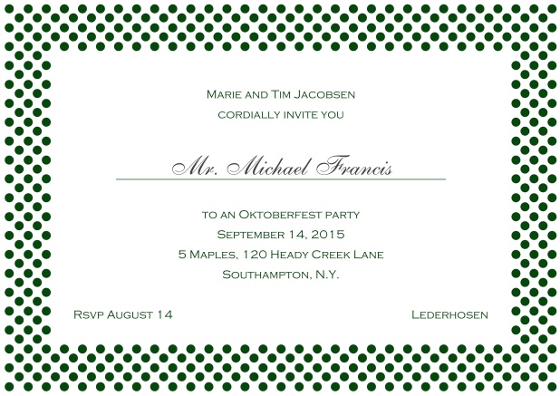 Classic online landscape invitation card with small poka dotted frame and editable text. Green.