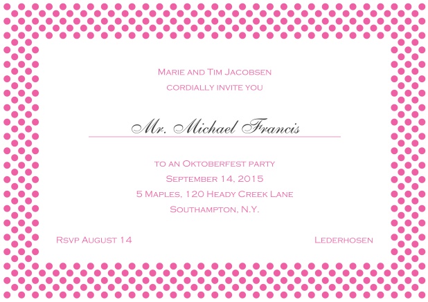 Classic online landscape invitation card with small poka dotted frame and editable text. Pink.
