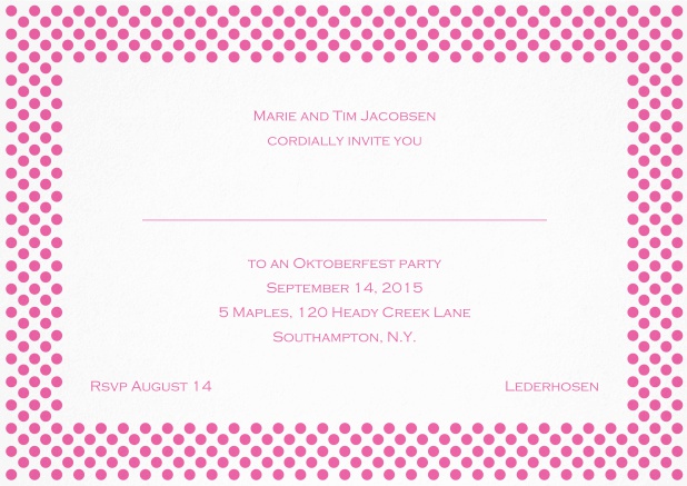 Classic landscape invitation card with small poka dotted frame and editable text. Pink.