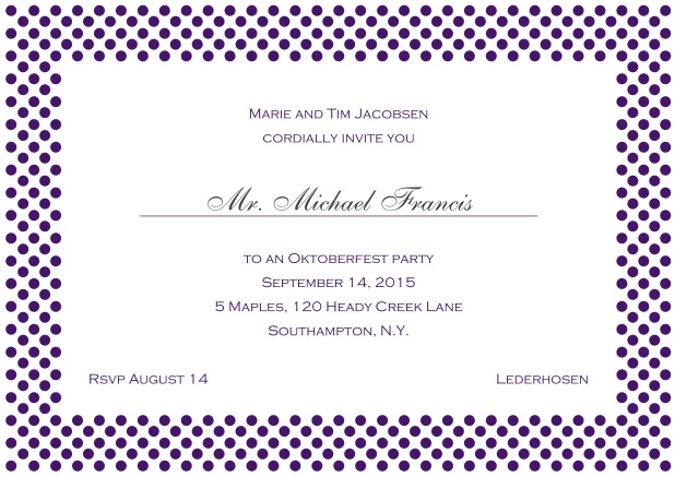 Classic online landscape invitation card with small poka dotted frame and editable text. Purple.