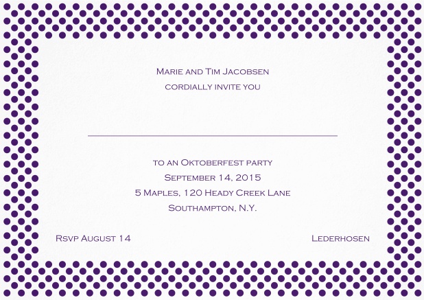 Classic landscape invitation card with small poka dotted frame and editable text. Purple.
