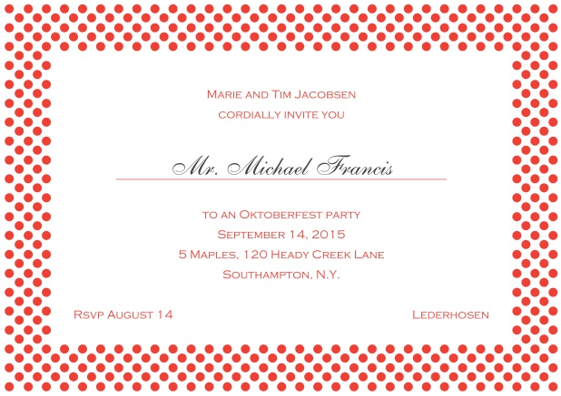 Classic online landscape invitation card with small poka dotted frame and editable text. Red.