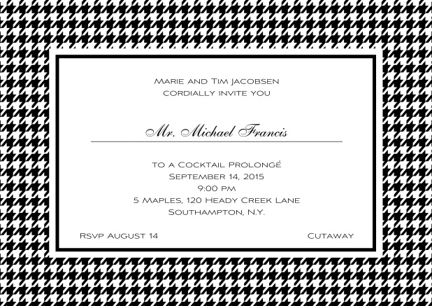 Classic landscape online invitation card with modern bavarian frame, editable text and line for personal addressing. Black.