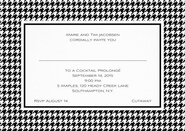 Classic landscape invitation card with modern bavarian frame, editable text and line for personal addressing. Black.