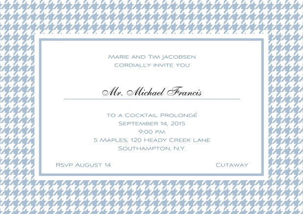 Classic landscape online invitation card with modern bavarian frame, editable text and line for personal addressing. Blue.