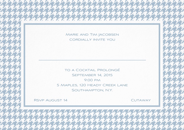Classic landscape invitation card with modern bavarian frame, editable text and line for personal addressing. Blue.