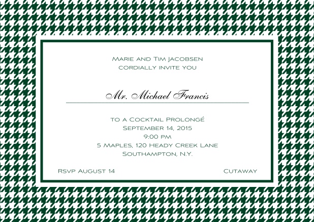 Classic landscape online invitation card with modern bavarian frame, editable text and line for personal addressing. Green.