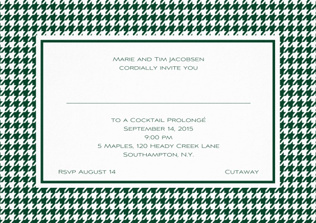 Classic landscape invitation card with modern bavarian frame, editable text and line for personal addressing. Green.