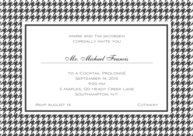 Classic landscape online invitation card with modern bavarian frame, editable text and line for personal addressing. Grey.