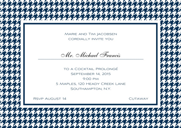 Classic landscape online invitation card with modern bavarian frame, editable text and line for personal addressing. Navy.