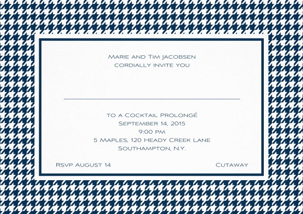 Classic landscape invitation card with modern bavarian frame, editable text and line for personal addressing. Navy.