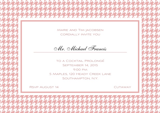 Classic landscape online invitation card with modern bavarian frame, editable text and line for personal addressing. Pink.