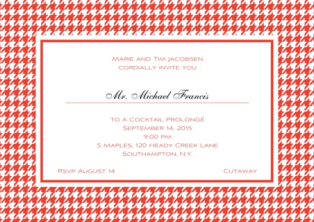 Classic landscape online invitation card with modern bavarian frame, editable text and line for personal addressing. Red.