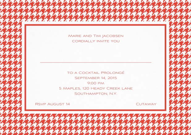 Classic landscape invitation card with modern bavarian frame, editable text and line for personal addressing. Red.