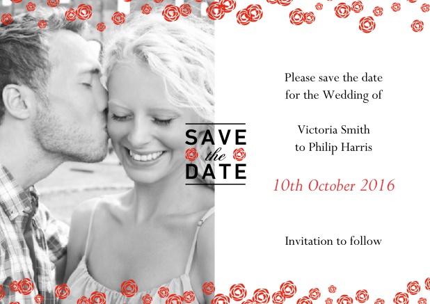 Online Save the date card with photo and charming red flowers over the photo.