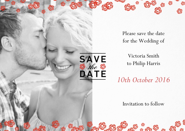 Wedding save the date card with photo and red flowers over the photo.