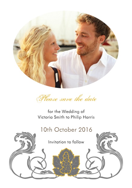 Online Wedding save the date with oval photo field and art-nouveau swirl deco.