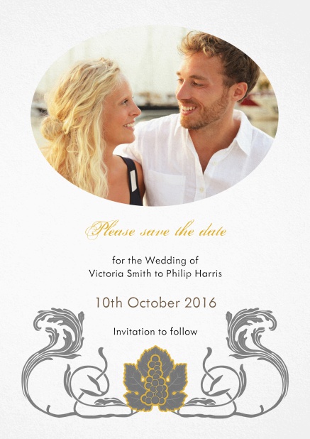 Wedding save the date with oval photo field and art-nouveau swirl deco.