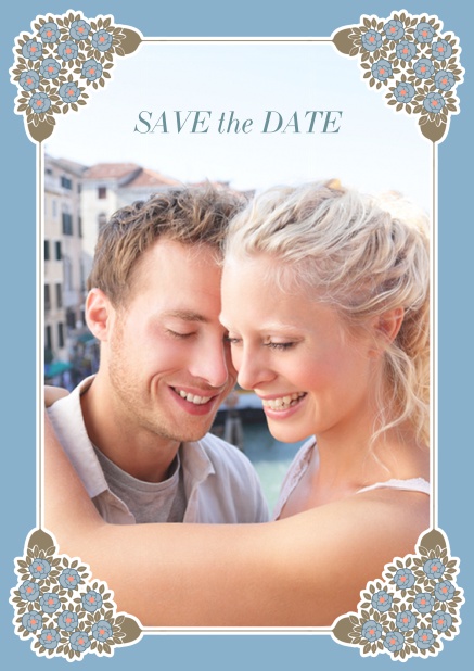 Online Wedding save the date with photo field on the front and art-nouveau ornament corners. Blue.
