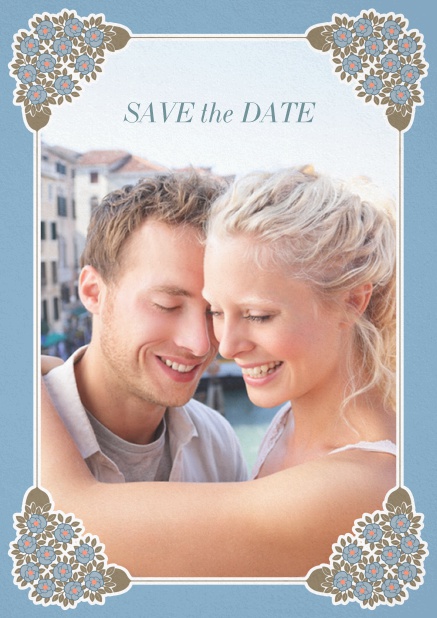Wedding save the date with photo field on the front and art-nouveau ornament corners. Blue.