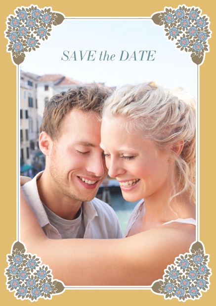 Online Wedding save the date with photo field on the front and art-nouveau ornament corners. Gold.