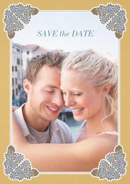 Wedding save the date with photo field on the front and art-nouveau ornament corners. Gold.