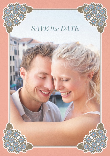 Wedding save the date with photo field on the front and art-nouveau ornament corners. Pink.