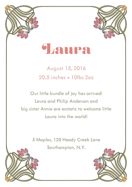 Online Birth announcement photo card with cartouche frame and photo on 2nd page.