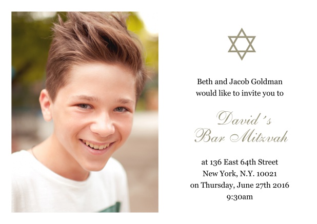 Online Weisse Bar oder Bat Mitzvah Einladungskarte mit Foto und Davidstern in auswählbaren Farben. Gold.