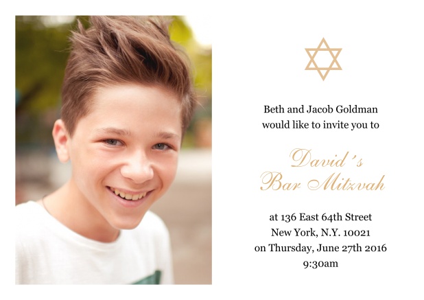 Online Weisse Bar oder Bat Mitzvah Einladungskarte mit Foto und Davidstern in auswählbaren Farben. Gelb.