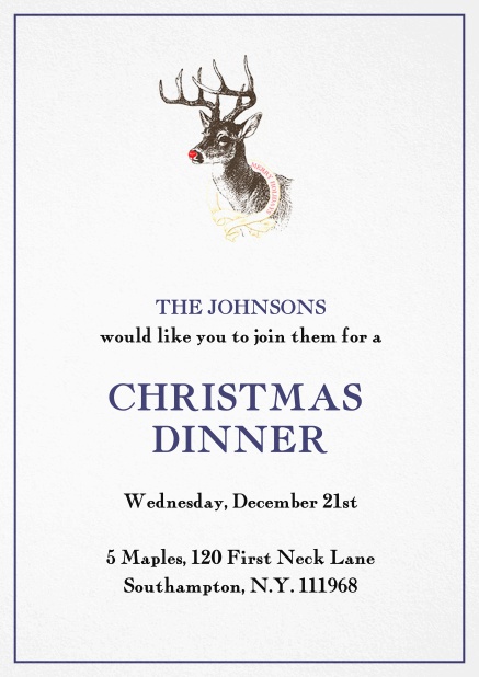 Einladungskarte zur Weihnachtsfeier mit Rudolf, dem Renntier mit roter Nase. Marine.