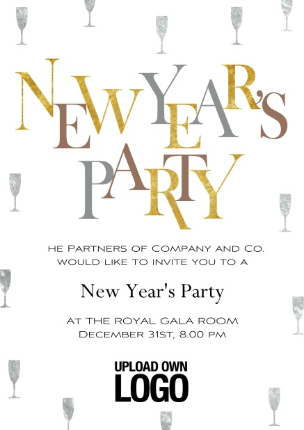 Online New Years Party invitation card with golden and silver text.