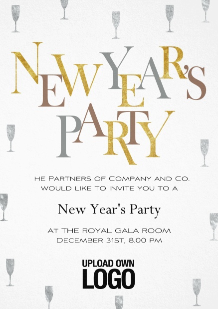 New Years Party invitation card with golden and silver text.