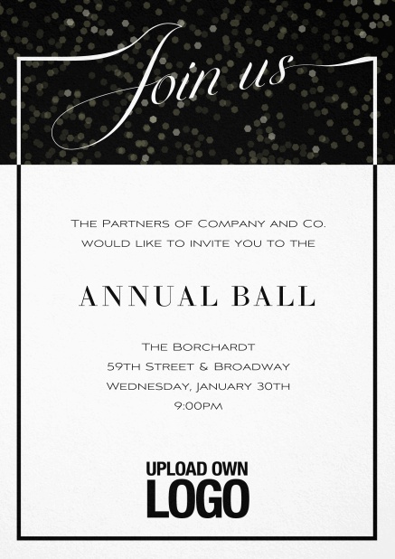 Cocktail invitation card with integrated Join us into the elegant frame. Black.