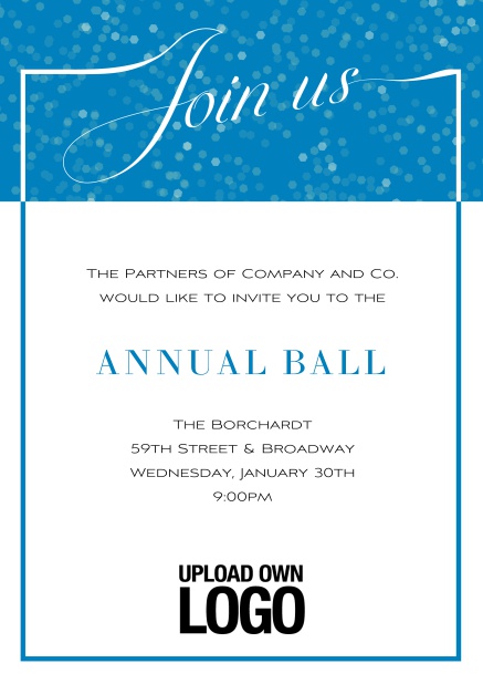 Online Cocktail invitation card with integrated Join us into the elegant frame. Blue.