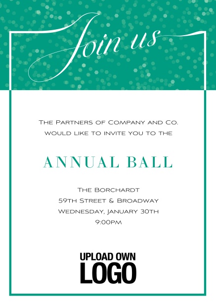 Online Cocktail invitation card with integrated Join us into the elegant frame. Green.