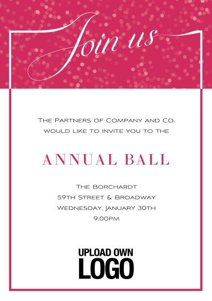 Online Cocktail invitation card with integrated Join us into the elegant frame. Pink.