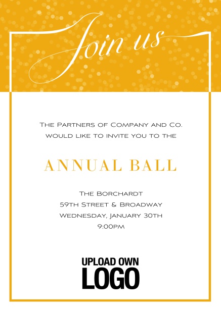 Online Cocktail invitation card with integrated Join us into the elegant frame. Yellow.
