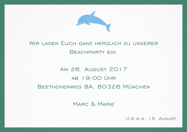 Einladungskarte mit Delfin und passendem Rahmen. Grün.
