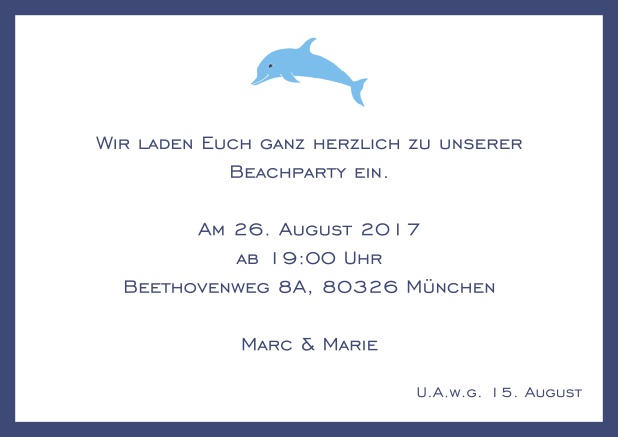 Online Einladungskarte mit Delfin und passendem Rahmen. Marine.